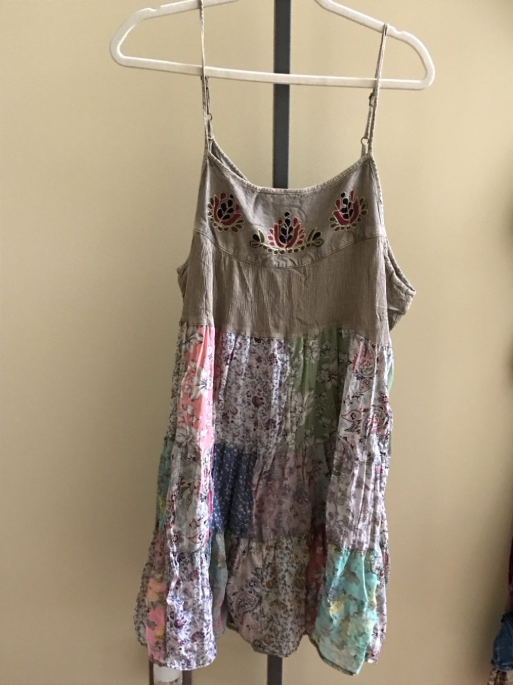 Bohemian Patchwork Spaghetti Strap Dress in Taupe and Pastels